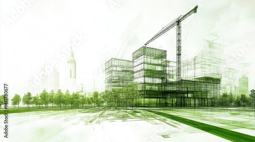 Green architectural rendering of modern building under construction in city.