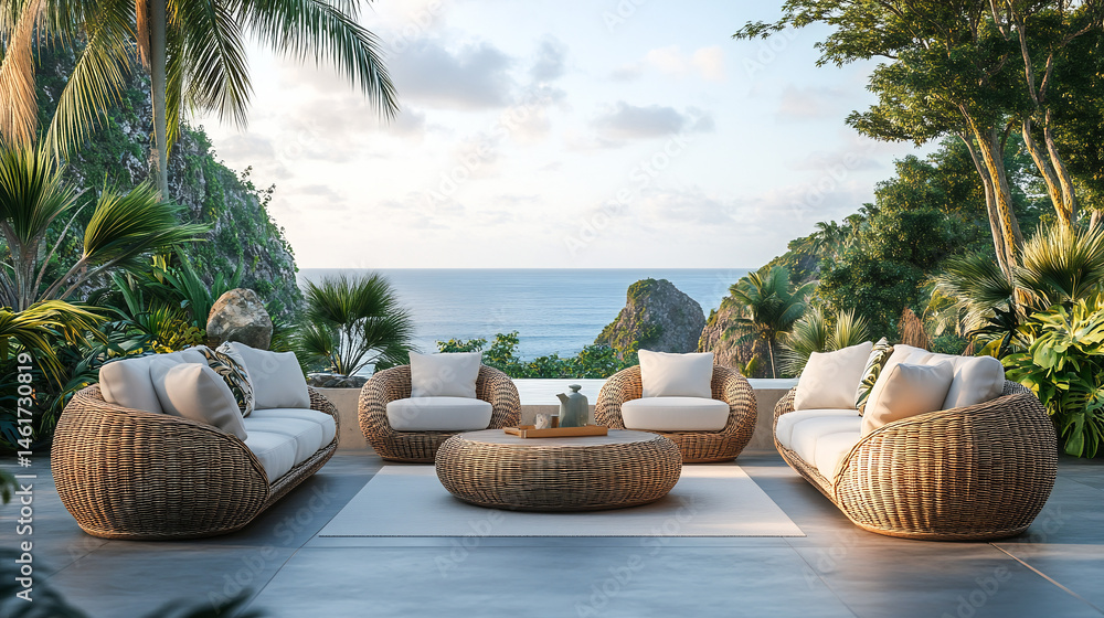 Fototapeta premium Elegant outdoor furniture set rattan and straw textures neutral tones with pops of tropical accent colors arranged to suggest luxurious resort or highend patio setting