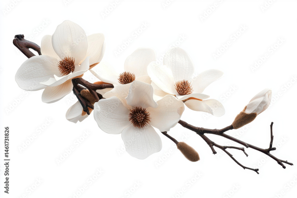 Fototapeta premium Magnolia tree branch with large white flowers isolated on a white background nature photography floral arrangement close-up view botanical art