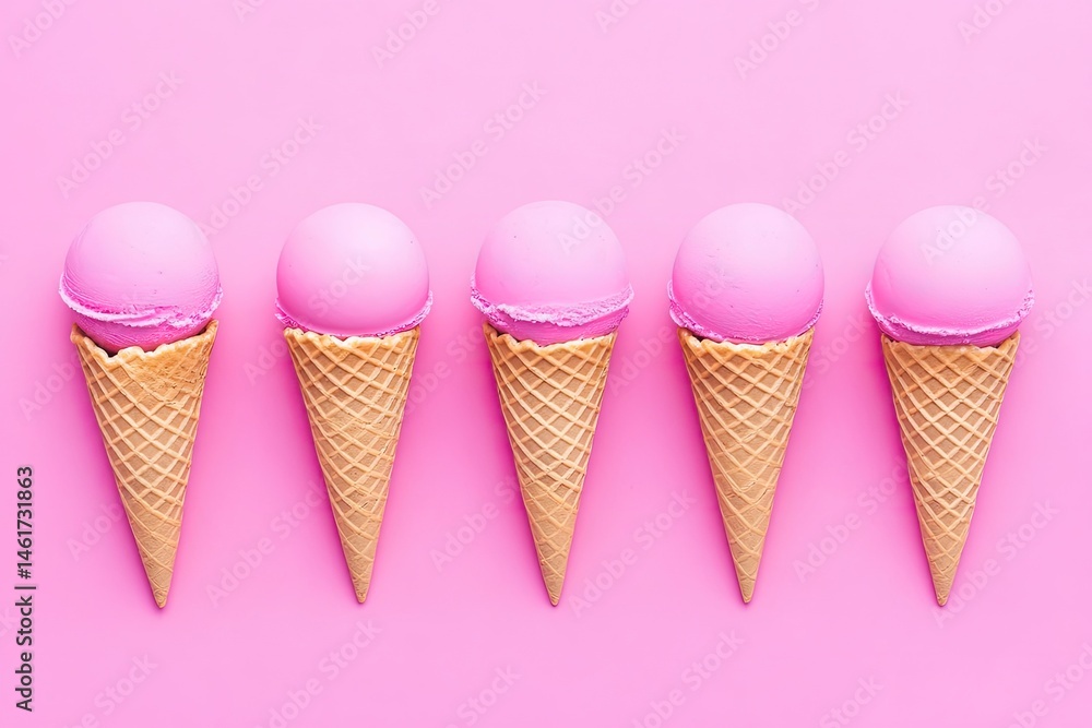 Pink ice cream scoops in waffle cones arranged in a row against a vibrant pink background Pink ice cream scoops in waffle cones arranged in a row against a vibrant pink background