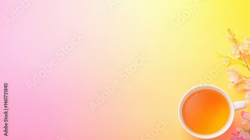 Cup of tea on pink to yellow gradient background with delicate flowers