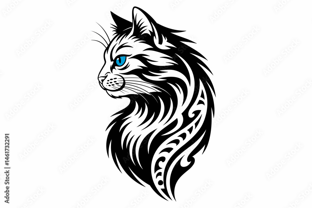 Obraz premium Tribal Cat Silhouette with Blue Eye – Artistic Feline Design in Black and White