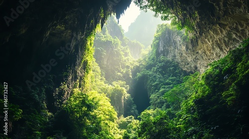 A lush, green cave opening reveals vibrant foliage and sunlight streaming into a hidden, tropical paradise.
