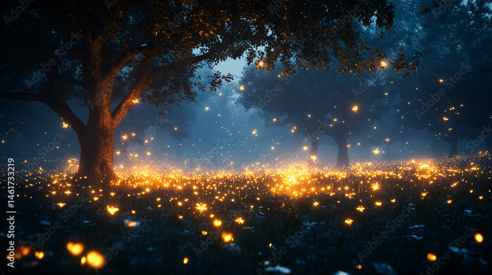 Naklejka premium Enchanted firefly meadow nocturnal scene of a misty field illuminated by countless glowing fireflies ethereal atmosphere with silhouetted trees and a starry sky creates a magical ambiance