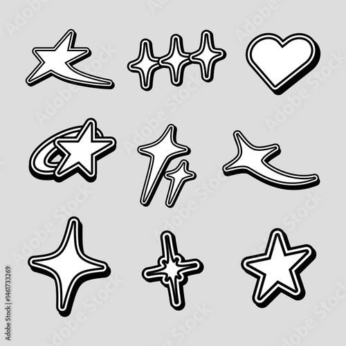 Y2K Bold Outline Star Heart Sticker Set. A set of 9 bold black outline icons including stars sparkles heart and comet shapes designed in Y2K retro style. Perfect for stickers moodboards pop visuals