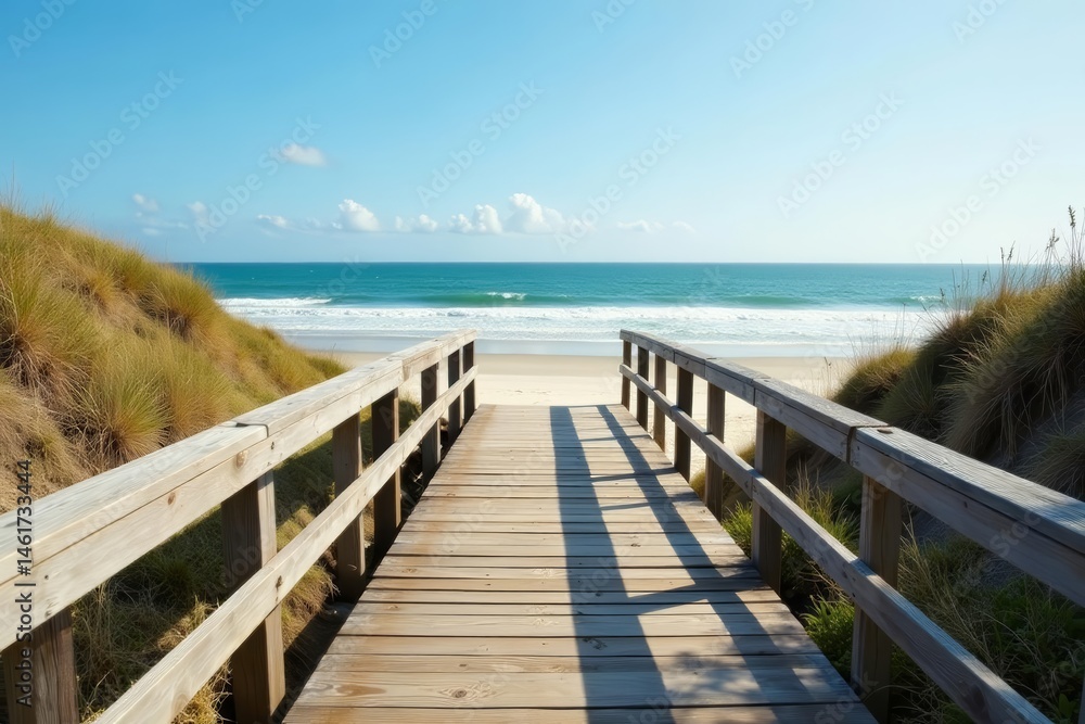 Fototapeta premium Scenic view of rustic wooden boardwalk on coastal dune beach with waves crashing, ocean, landscape