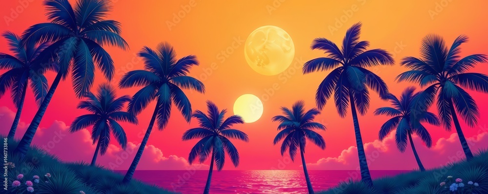 Seamless pattern of palm trees on vibrant background, exotic, vacation Seamless pattern of palm trees on vibrant background, exotic, vacation