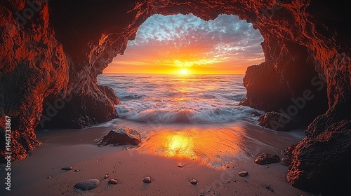 Sunset through a cave opening onto a beach