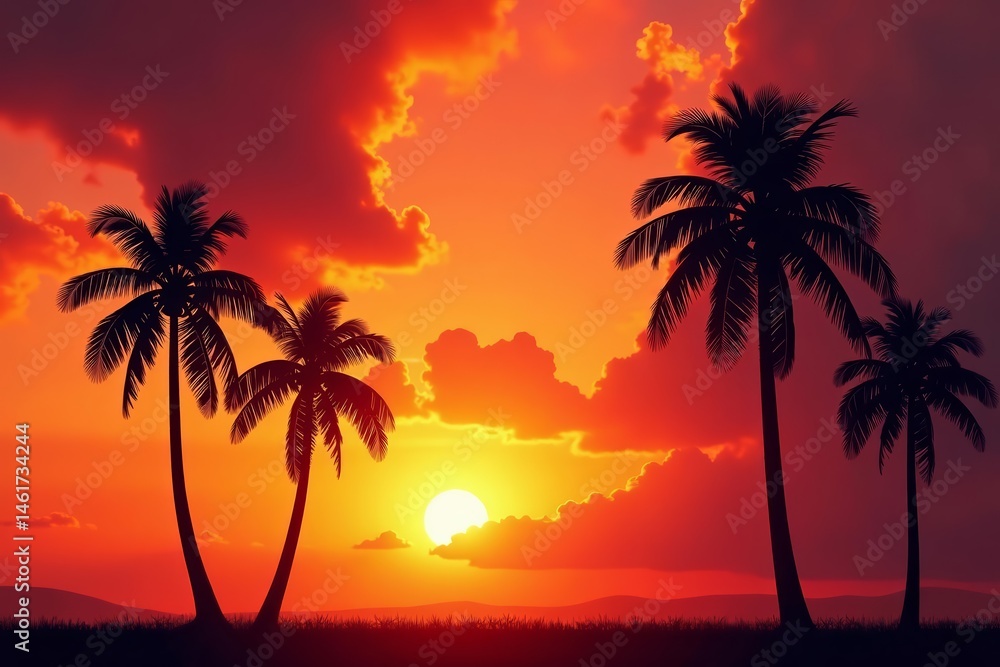 Silhouetted palm trees against golden hour sky, tropical, dusk Silhouetted palm trees against golden hour sky, tropical, dusk