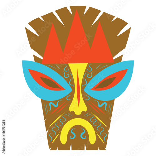 Wooden tiki mask illustration. Tribal wooden mask totem in hawaiian style. Tribal tiki idol head.