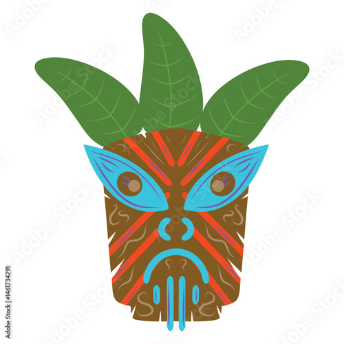 Blue tiki mask illustration. Tribal wooden mask totem in hawaiian style. Tribal tiki idol head.