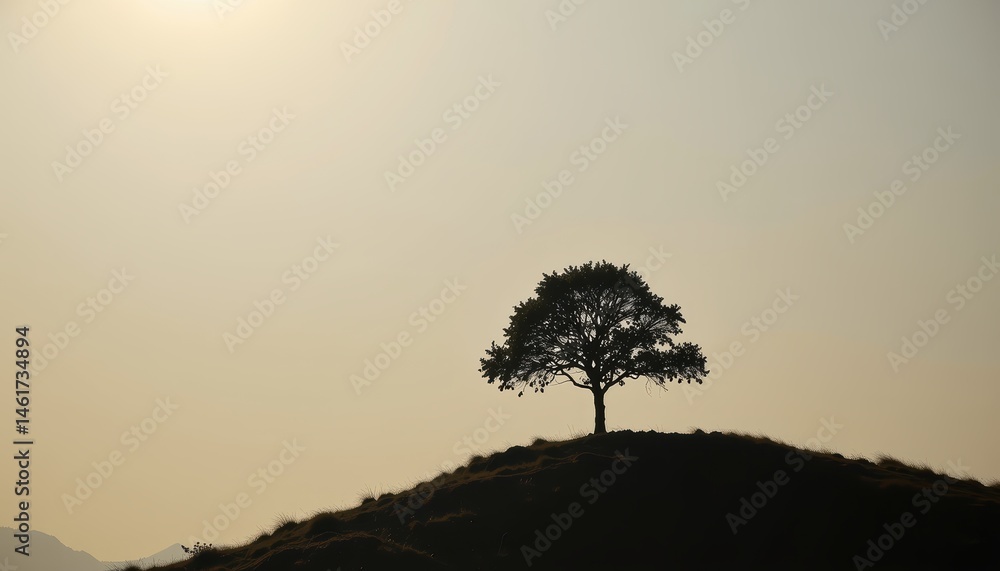 Silhouette of a Lone Tree Against a Tranquil Sunset Landscape on a Hillside