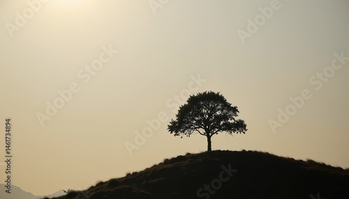 Obraz na płótnie Silhouette of a Lone Tree Against a Tranquil Sunset Landscape on a Hillside w salonie