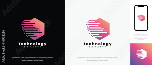 Technology pixel hexagon logo design. Technology pixel logo template. Technology logo symbol icon