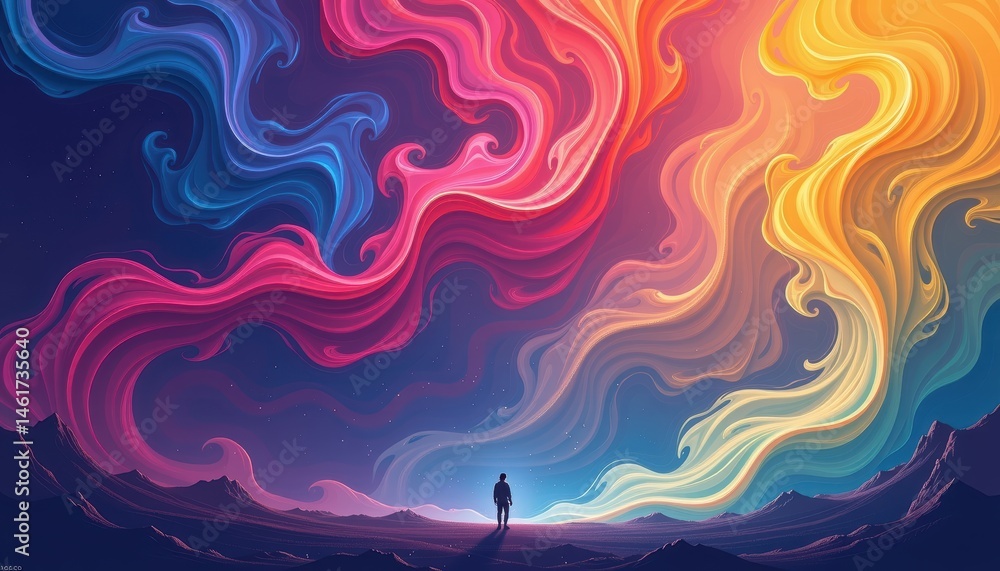 Vibrant Cosmic Landscape with Colorful Swirls and Silhouette Against a Starry Night Sky