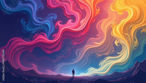 Obraz na płótnie Vibrant Cosmic Landscape with Colorful Swirls and Silhouette Against a Starry Night Sky w salonie