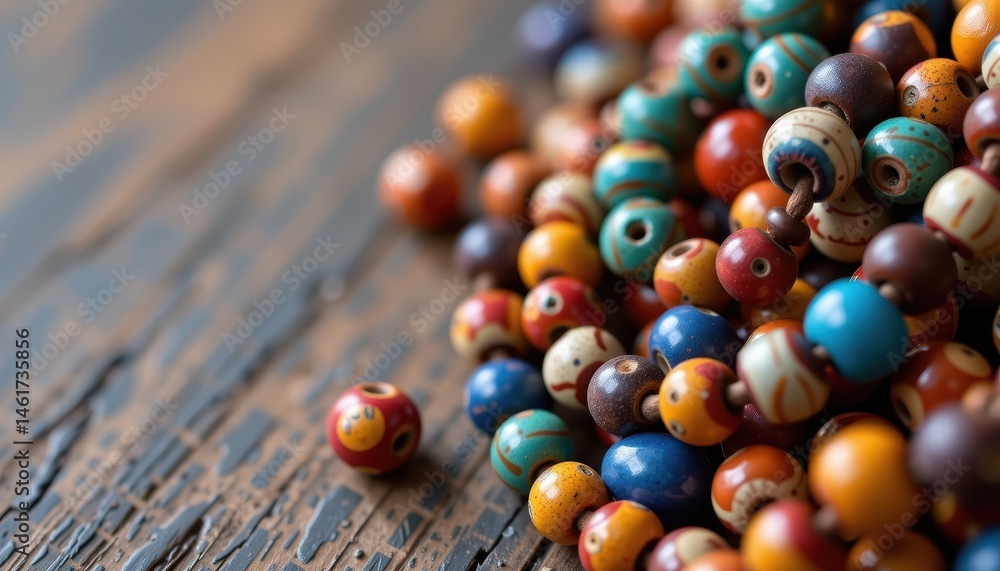 Colorful Assortment of Decorative Beads on a Rustic Wooden Surface with Natural Textures