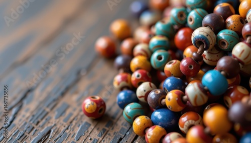 Obraz na płótnie Colorful Assortment of Decorative Beads on a Rustic Wooden Surface with Natural Textures w salonie