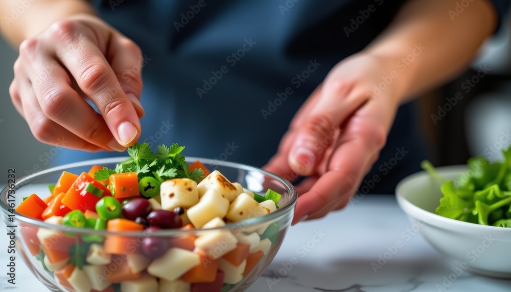 Preparation of Fresh Salad with Colorful Vegetables and Herb Garnish in a Modern Kitchen Setting