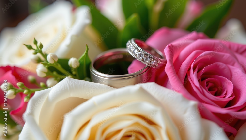 Closeup of Wedding Rings Nestled Amongst Pink and White Roses in a Beautiful Floral Arrangement