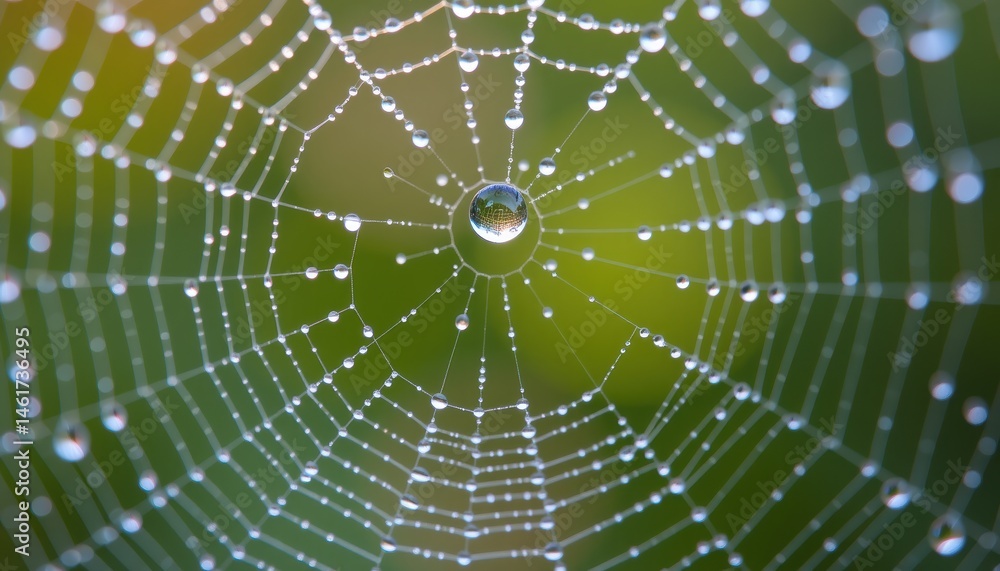Naklejka premium Close-Up View of a Dew-Covered Spider Web Against a Soft Green Background