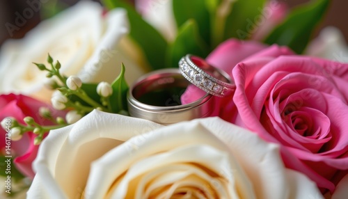 Obraz na płótnie Closeup of Wedding Rings Nestled Amongst Pink and White Roses in a Beautiful Floral Arrangement w salonie