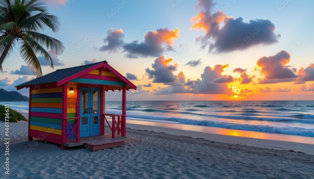 Colorful Beach Hut at Sunset with Vibrant Clouds Over the Ocean in a Tropical Paradise Colorful Beach Hut at Sunset with Vibrant Clouds Over the Ocean in a Tropical Paradise