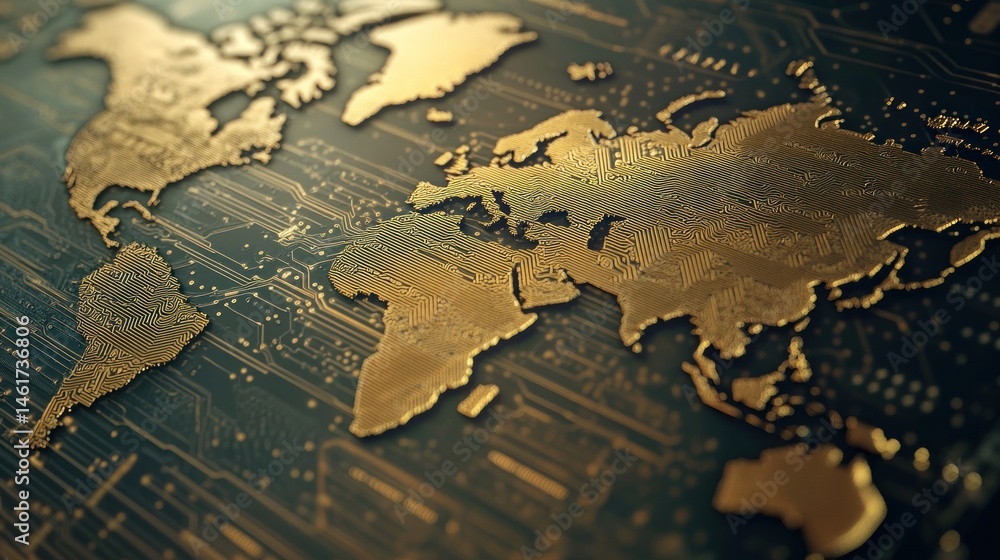 Golden world map on a circuit board background, symbolizing global connectivity and technology. Golden world map on a circuit board background, symbolizing global connectivity and technology.