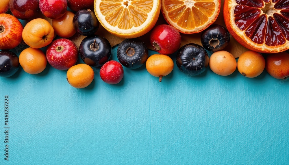 Assorted Fresh Fruits Including Citrus and Berries on a Vibrant Blue Background