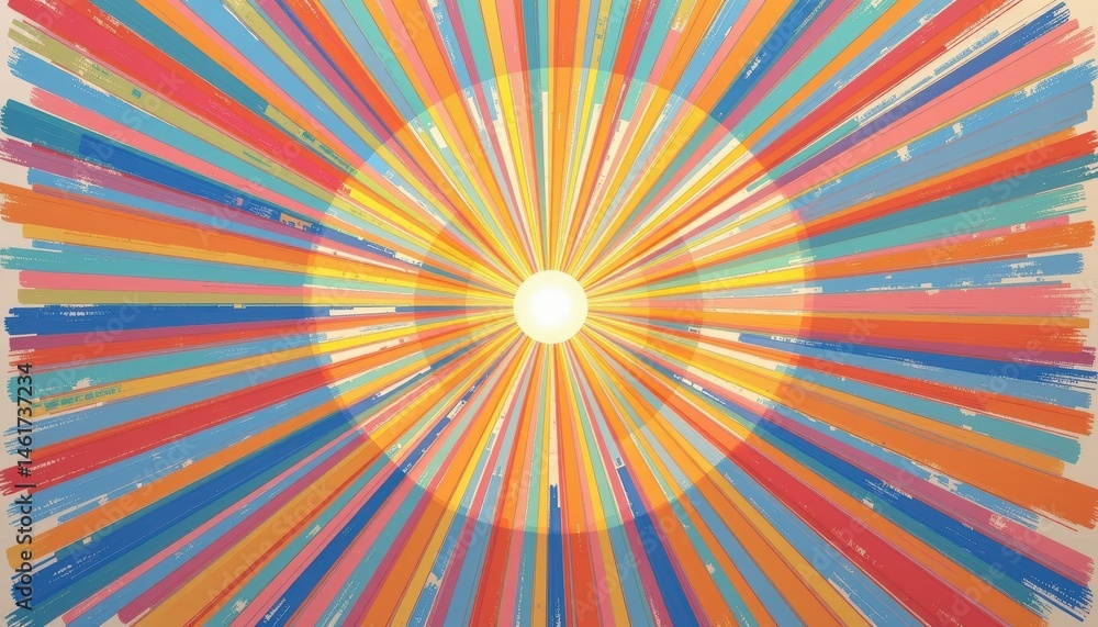 Vibrant Abstract Design Featuring Radiant Sunburst with Colorful Rays in Dynamic Patterns