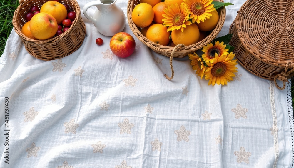 Baskets of Fresh Fruit and Sunflowers on a White Picnic Cloth in a Serene Outdoor Setting