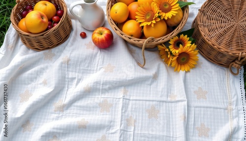 Obraz na płótnie Baskets of Fresh Fruit and Sunflowers on a White Picnic Cloth in a Serene Outdoor Setting w salonie