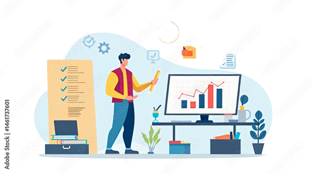 Flat Design Illustration of a Modern Workspace Centered on Data Analysis Flat Design Illustration of a Modern Workspace Centered on Data Analysis