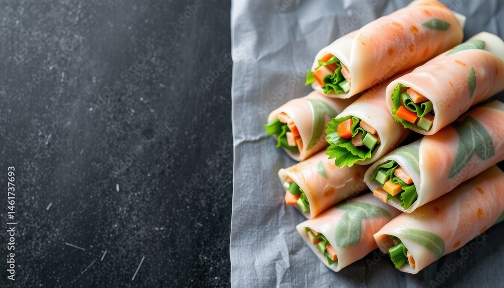 Stack of Fresh Vegetable Spring Rolls with Crisp Herbs and Colorful Ingredients on Gray Background