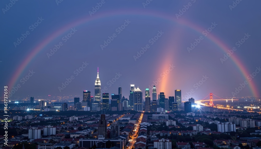 Stunning Aerial View of City Skyline Under a Beautiful Rainbow After Rain During Evening Hours