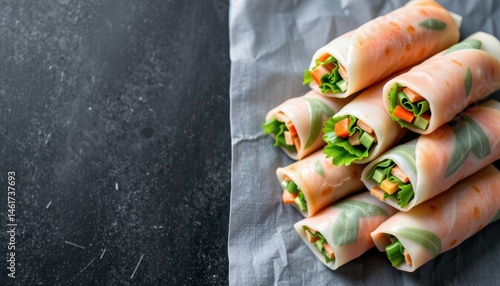 Obraz na płótnie Stack of Fresh Vegetable Spring Rolls with Crisp Herbs and Colorful Ingredients on Gray Background w salonie