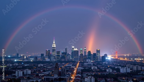 Obraz na płótnie Stunning Aerial View of City Skyline Under a Beautiful Rainbow After Rain During Evening Hours w salonie