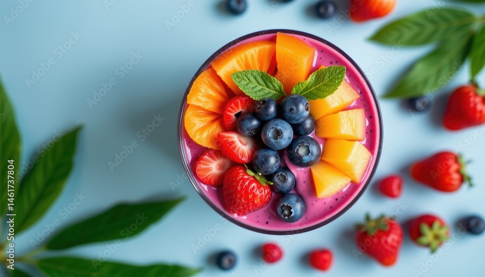 Vibrant Fruit Smoothie Bowl Topped with Fresh Berries and Sliced Tropical Fruits on Blue Background