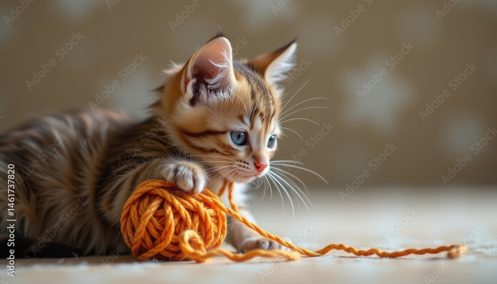 Adorable Kitten Playing with Orange Yarn in a Cozy Interior Setting