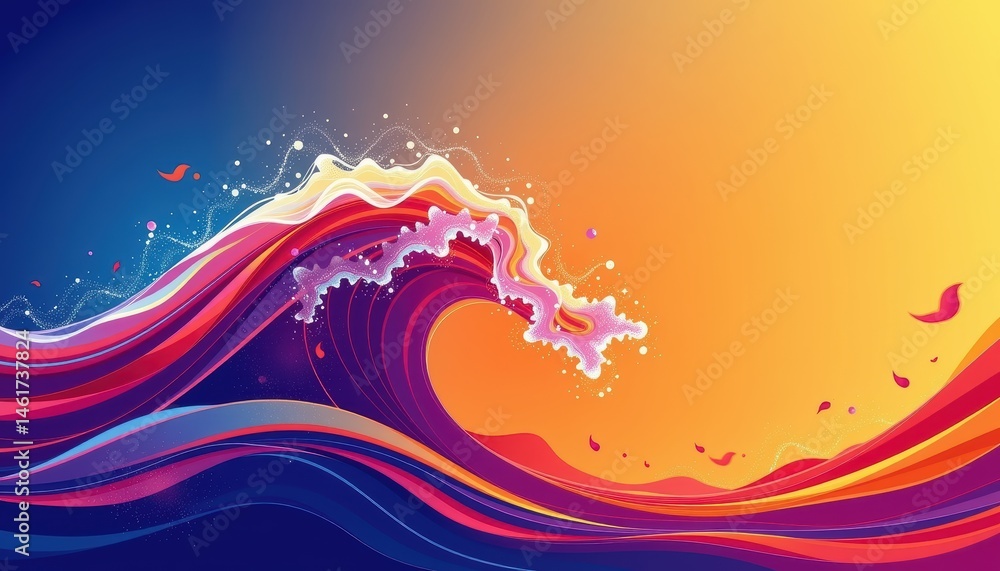 Colorful Abstract Wave Illustration with Vibrant Sunset Background and Dynamic Motion