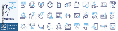 Auction web icons. Contains such Icons as Price Tag, Deal, Auctioneer and more. Editable Stroke.Related Vector Line Icons