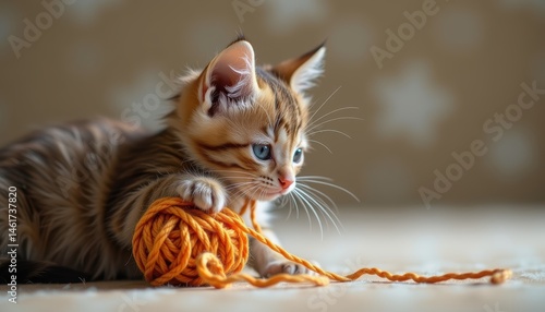 Obraz na płótnie Adorable Kitten Playing with Orange Yarn in a Cozy Interior Setting w salonie