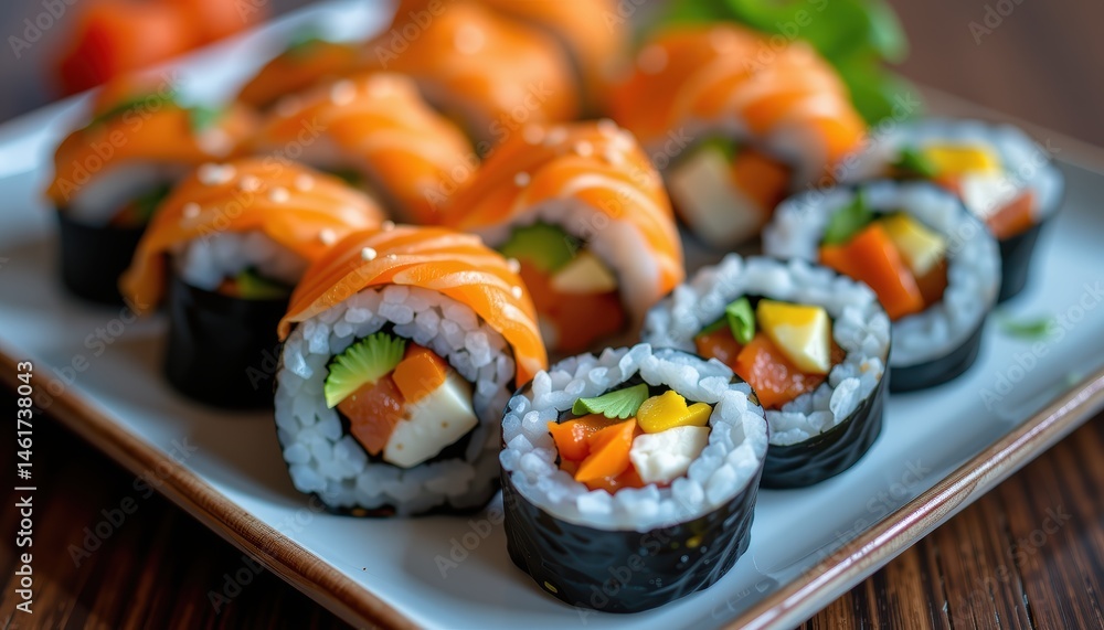 Platter of Freshly Made Sushi Rolls with Salmon and Colorful Vegetables on a Wooden Table