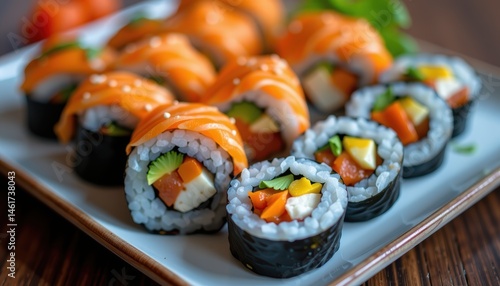Obraz na płótnie Platter of Freshly Made Sushi Rolls with Salmon and Colorful Vegetables on a Wooden Table w salonie