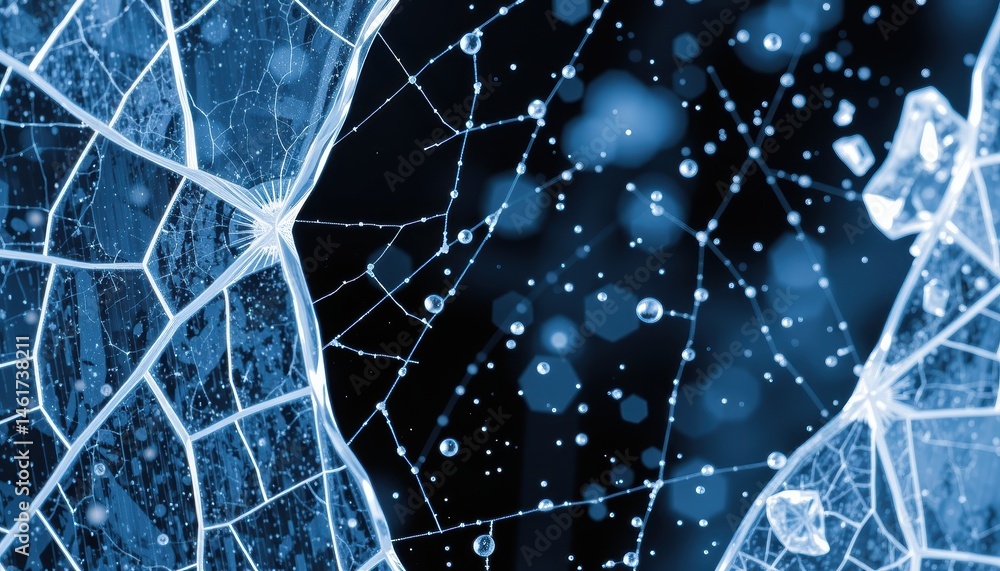 Intricate Spiderweb Wrapped in Glimmering Ice with Droplets Captured in a Macro Perspective