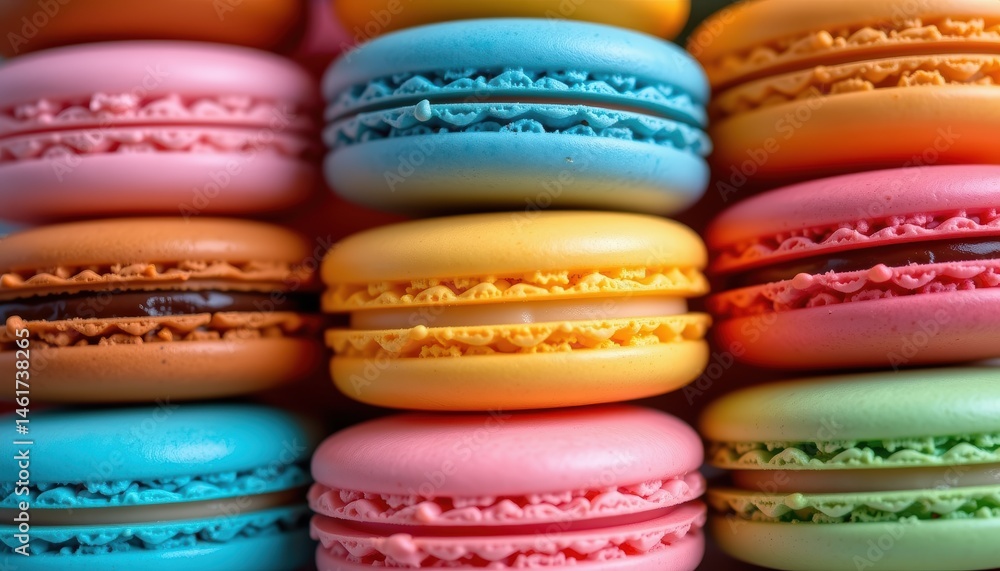 Colorful Arrangement of Delightful French Macarons Stacked Together in a Vibrant Display