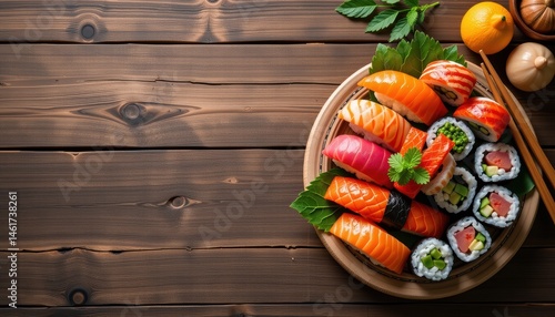 Obraz na płótnie Delicious Assortment of Colorful Sushi Rolls on a Wooden Table Ready for Enjoyment w salonie