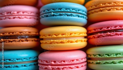 Obraz na płótnie Colorful Arrangement of Delightful French Macarons Stacked Together in a Vibrant Display w salonie