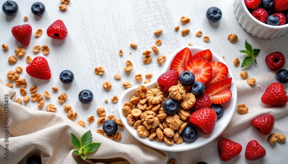 Bowl of Granola Topped with Fresh Strawberries, Raspberries, and Blueberries on a Wooden Table