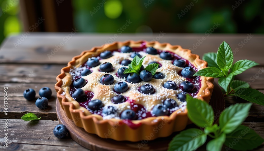 Delicious Blueberry Tart with Fresh Mint Leaves on Rustic Wooden Table in Natural Light